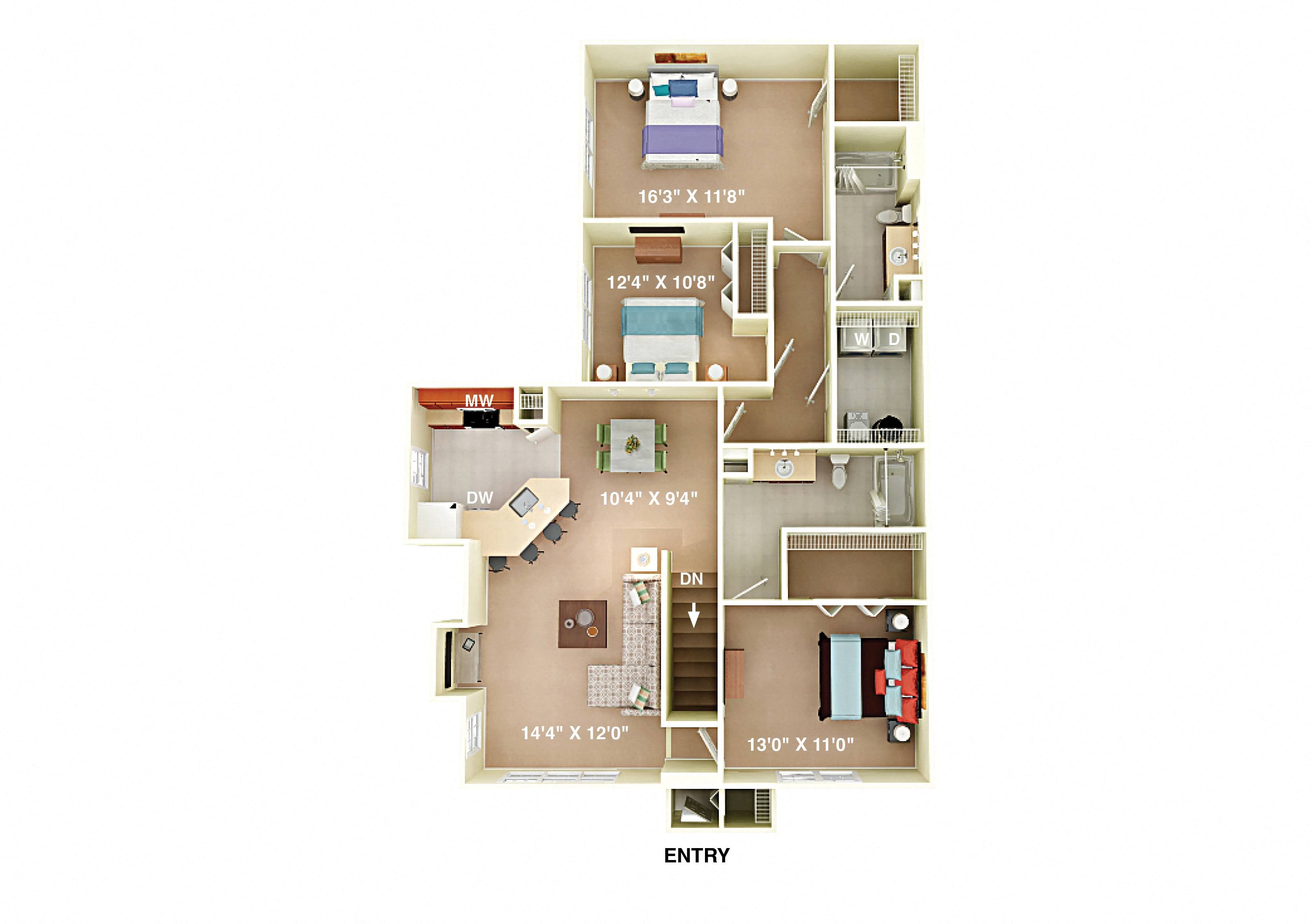 Oxford 3 Bedroom 2 Bath floor plan