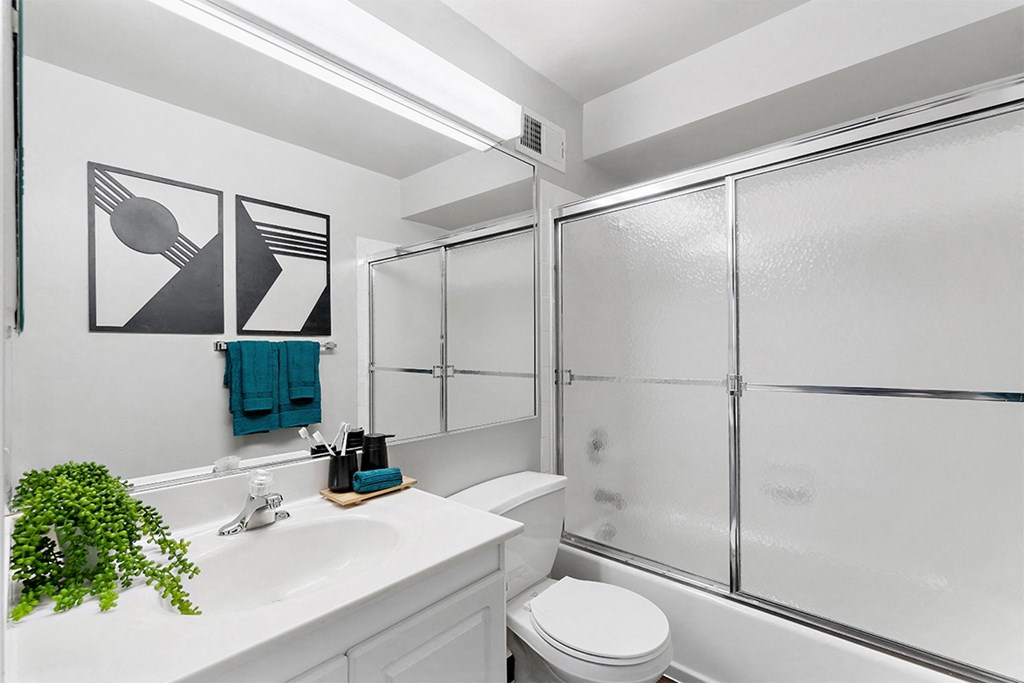 a bathroom with a shower and a sink and a toilet at Falls Village Apartments, Maryland