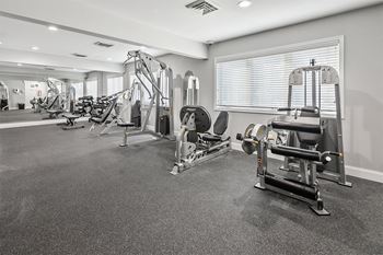 the gym is equipped with cardio equipment and weights at McDonogh Township Apartments, Owings Mills