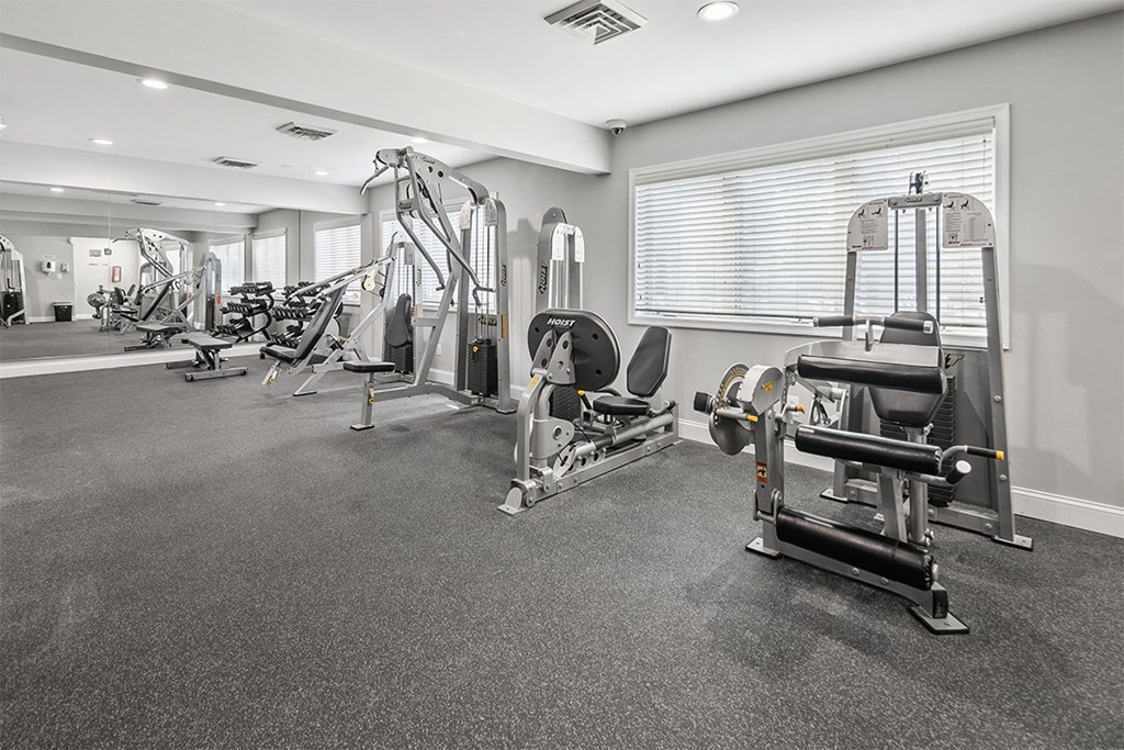 the gym is equipped with cardio equipment and weights at McDonogh Township Apartments, Owings Mills, MD