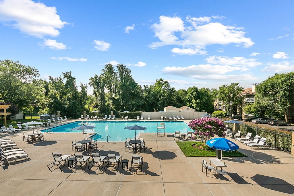 a swimming pool with chairs and umbrellas at the resort a swimming pool with chairs and umbrellas at the resort at McDonogh Township Apartments, Maryland
