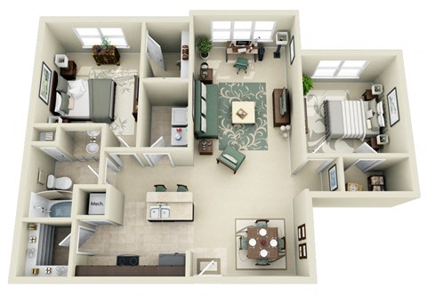 2 bed 1 bath B1 Floor Plan at Carolina Point Apartments, Greenville, South Carolina