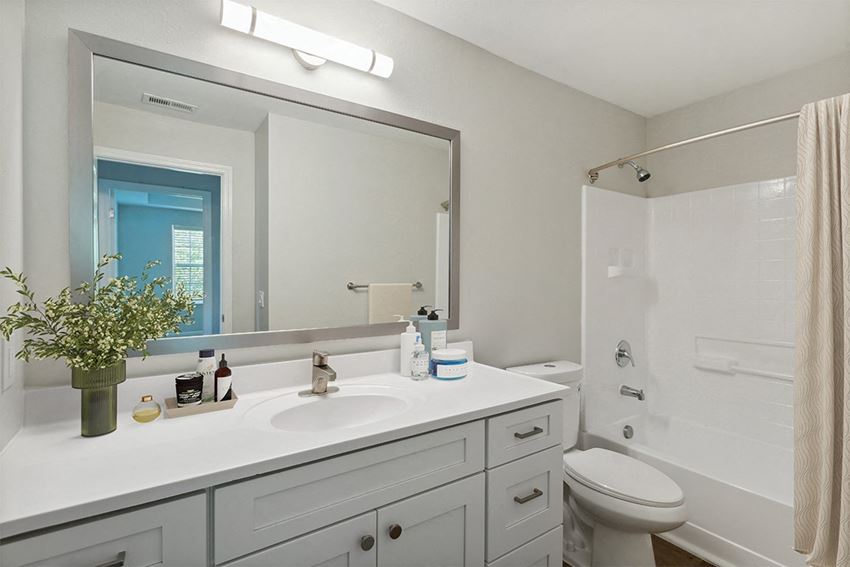 a bathroom with a large mirror a bathroom with a large mirror at The Bluestone Apartments, South Carolina, 29910