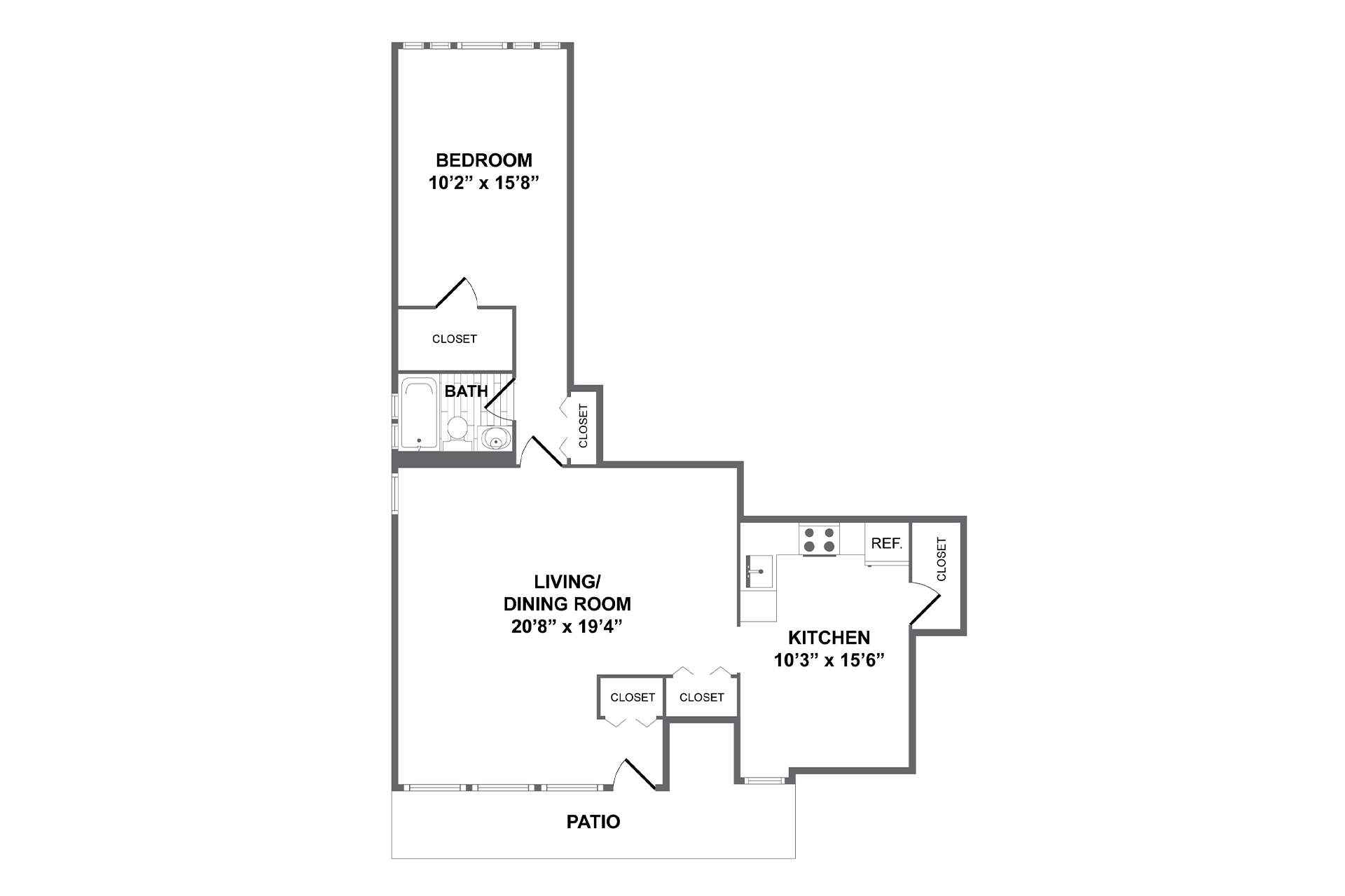 3D tour One Bedroom One Bath 1C floor plan