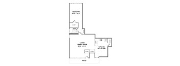 A floor plan of a home with a bedroom, living/dining room, kitchen, and patio.