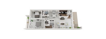 2 bedroom 2 bath floor plan an in 3d at Brook View Apts, Baltimore MD