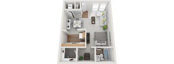 studio floor plan an in 3d at Brook View Apts, Baltimore MD