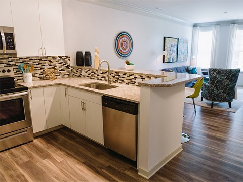 Kitchen with raised breakfast bar at Sycamore at Tyvola, North Carolina