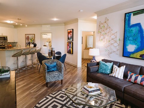 Living room looking into kitchen at Sycamore at Tyvola, Charlotte, North Carolina