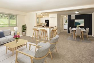 Open living, dining and kitchen area at Cardiff Hall Apartments, Maryland, 21204