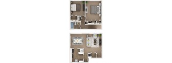 2 bed 1 bath townhouse 1100sf 3d floor plan at Cardiff Hall Apartments, Towson MD