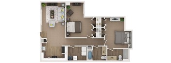 2 bed 2 bath 1100sf 3D floor plan at Cardiff Hall Apartments, Towson MD