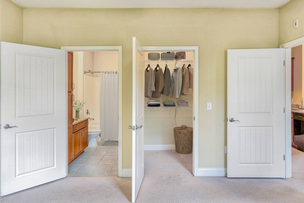 A room with a white door and a white closet with clothes hanging at The Lofts at Reynolds Village Apartments, Asheville, NC