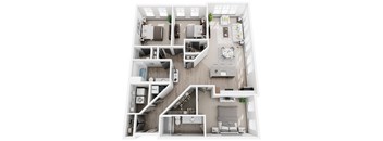 A top-down view of a modern apartment layout with a kitchen, living room, and bedrooms.