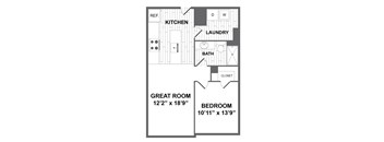 A floor plan of a home with a kitchen, laundry, bath, and two bedrooms.