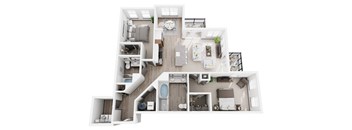 C3 2 bed 2 bath 3D floor plan at Dartmoor Place at Oxford Square Apartments, Hanover, Maryland