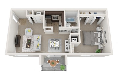 1 Bedroom 1 Bath Renovated 3D Floor Plan at Doncaster Village Apartments, Parkville, Maryland