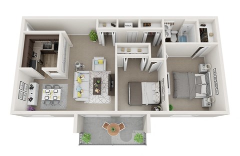 2 Bed 1 Bath Bath Renovated 3D Floor Plan at Doncaster Village Apartments, Parkville, MD, 21234