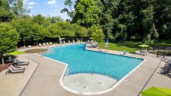 a swimming pool with chairs and umbrellas in a park-like setting with trees at Courthouse Square Apartments, Towson, MD