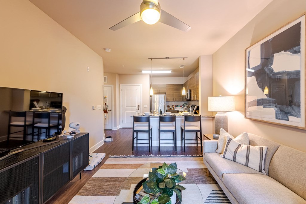 A living room with a television, couch, and a plant at The Edison Lofts Apartments, 27601