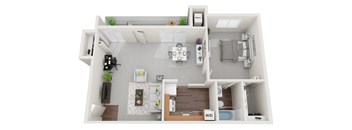 Non-Renovated 1 Bed 1 Bath 595 sf 3D Floor Plan at Falls Village Apartments, Baltimore, 21209