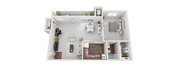 Renovated 1 Bed 1 Bath 595sf 3D Floor Plan at Falls Village Apartments, Baltimore