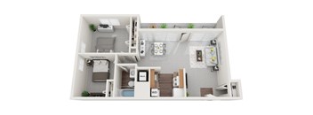 Non-Renovated 2 Bed 1 Bath 654 sf 3D Floor Plan at Falls Village Apartments, Baltimore, MD, 21209