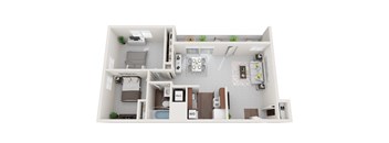 Renovated 2 Bed 1 Bath 654sf 3D Floor Plan at Falls Village Apartments, Baltimore, MD, 21209