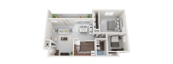 Renovated 2 Bed 1 Bath 750sf 3D Floor Plan at Falls Village Apartments, Maryland, 21209