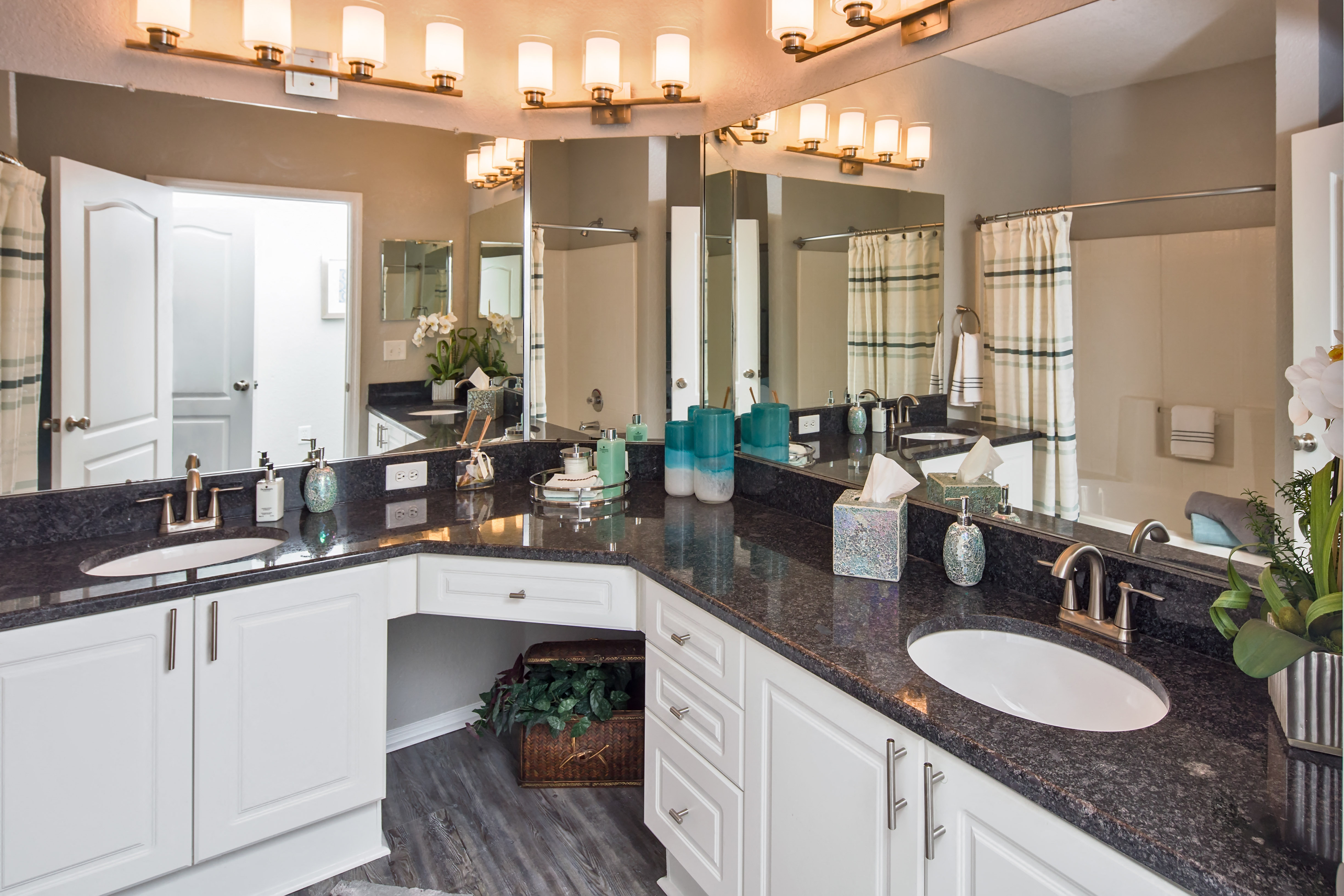 Double Sinks Master Bathroom at The Grand Reserve at Tampa Palms Apartments, Tampa, FL, 33647