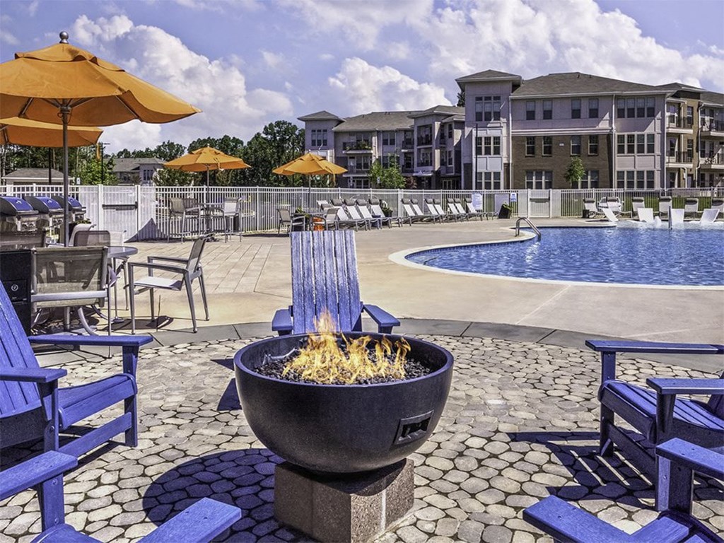 Firepit lounge near pool at Sycamore at Tyvola, Charlotte, North Carolina
