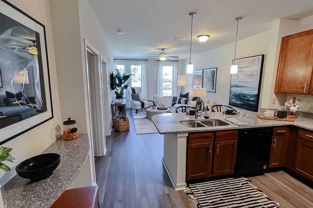 Open living area kitchen looking into bedroom at Two Addison Place Apartments , Pooler, GA, 31322