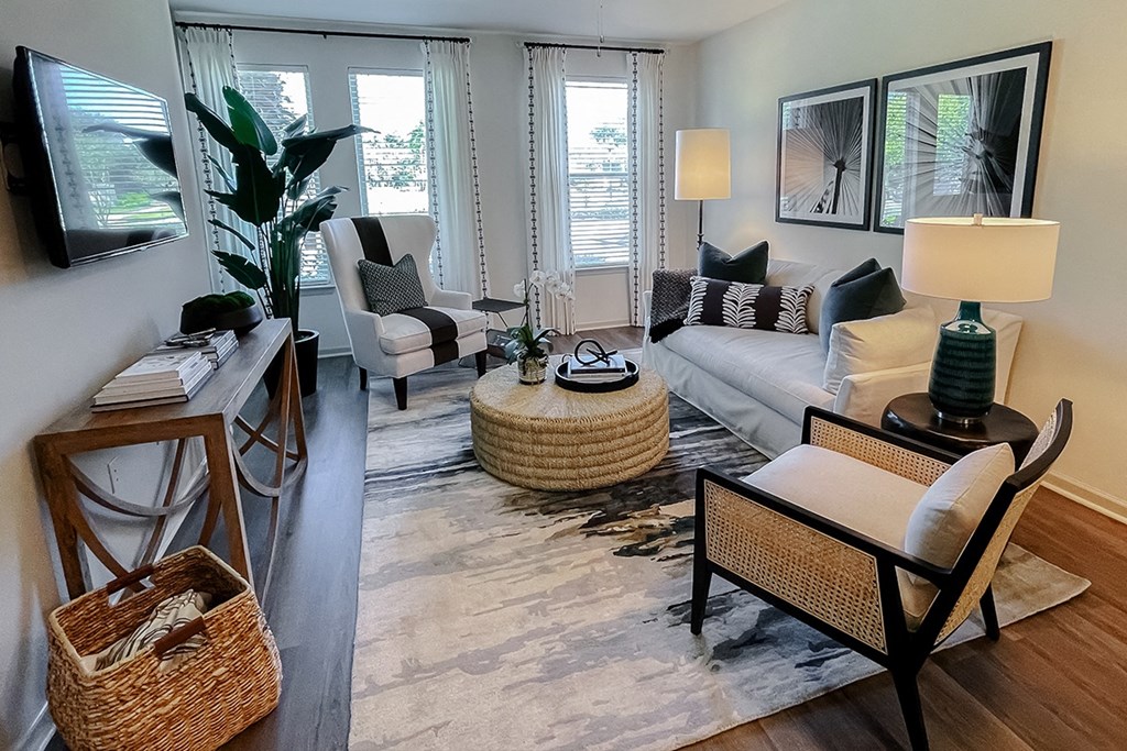 Model living room at Two Addison Place Apartments , Georgia