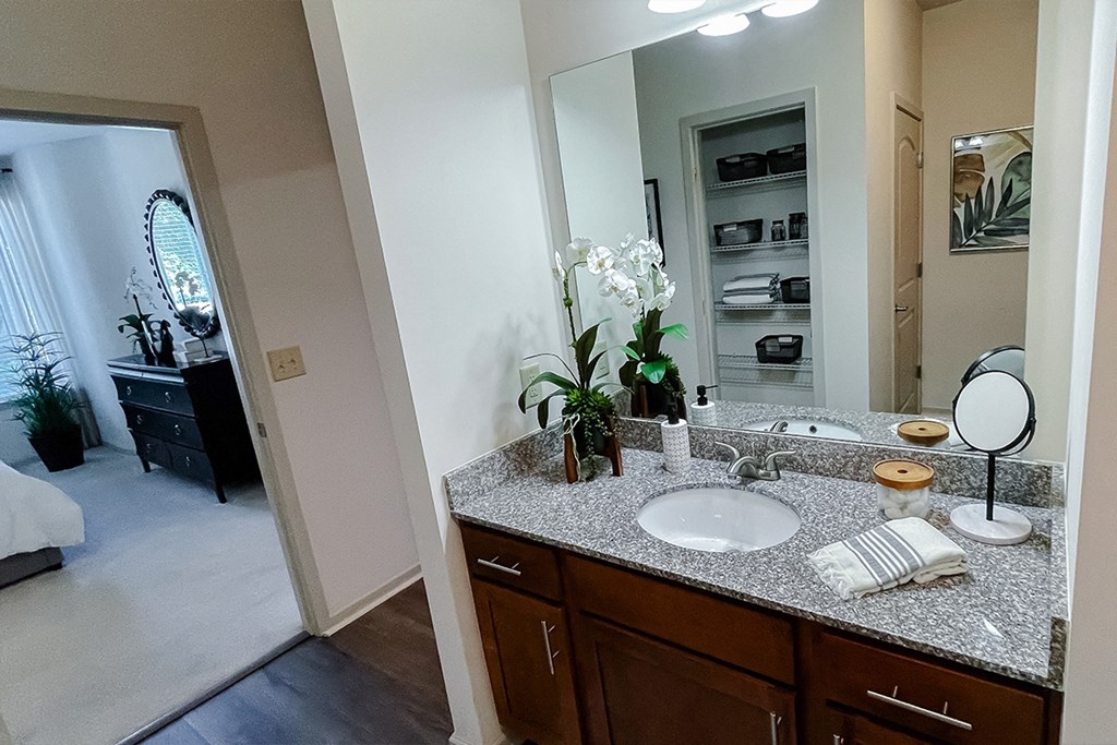 Bathroom vanity and large mirror at Two Addison Place Apartments , Georgia, 31322