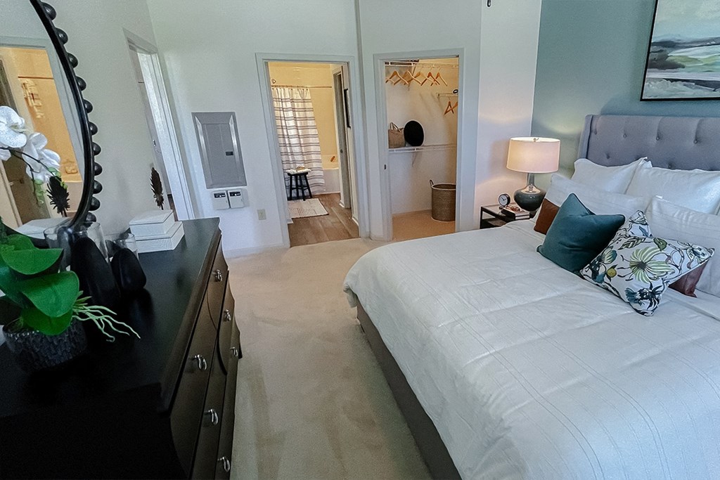 Bedroom looking into bathroom and closet area  at Two Addison Place Apartments , Pooler, GA