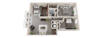 2 bed 1 bath, 962sf 3d floor plan  at Kenilworth at Charles Apartments, Towson