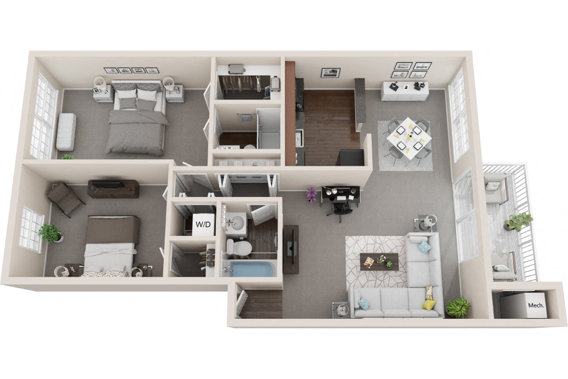 2 Bedroom 2 Bath - Renovated floor plan