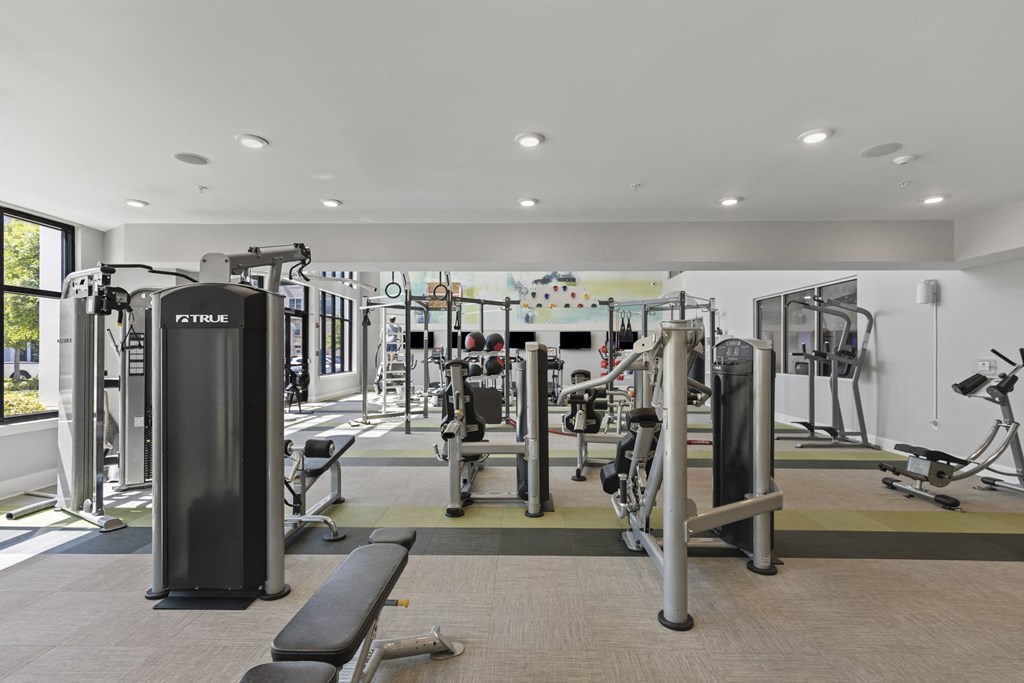 a gym with weights and cardio equipment in a building at Central Island Square, South Carolina, 29492