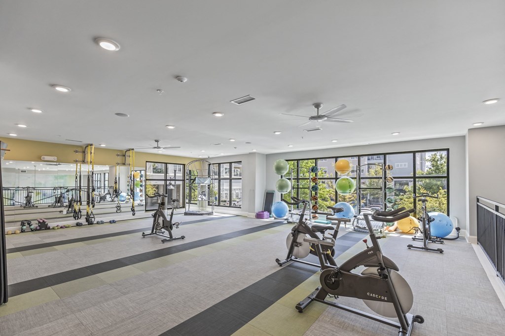 a gym with exercise equipment and windows at the estates apartments at Central Island Square, Daniel Island, South Carolina
