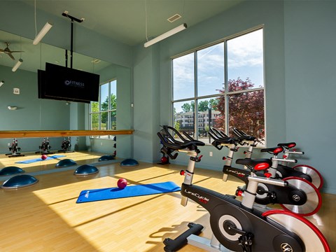 Spin room with yoga mats at Sycamore at Tyvola, North Carolina