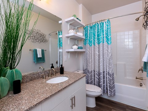 Bathroom with granite counters at Sycamore at Tyvola, Charlotte, 28217