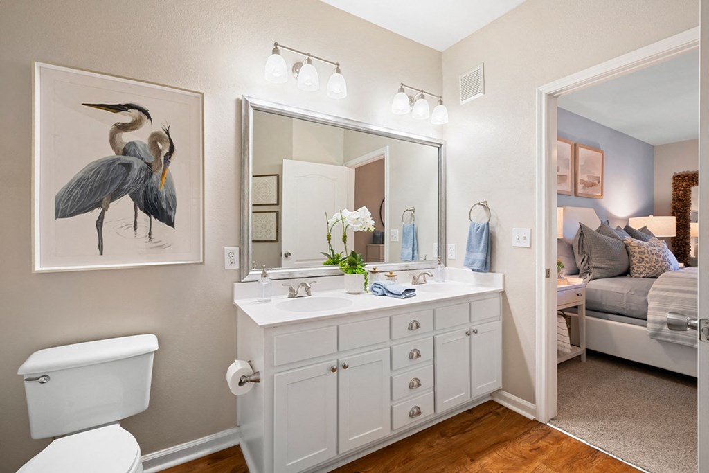 a bathroom with a large mirror and a toilet and a sink at Sweetgrass Landing, Mount Pleasant, 29466