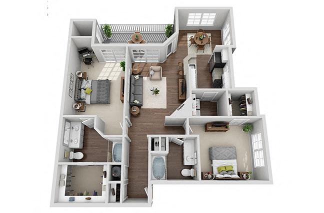 Oleander 2 Bedroom 2 Bath Renovated floor plan