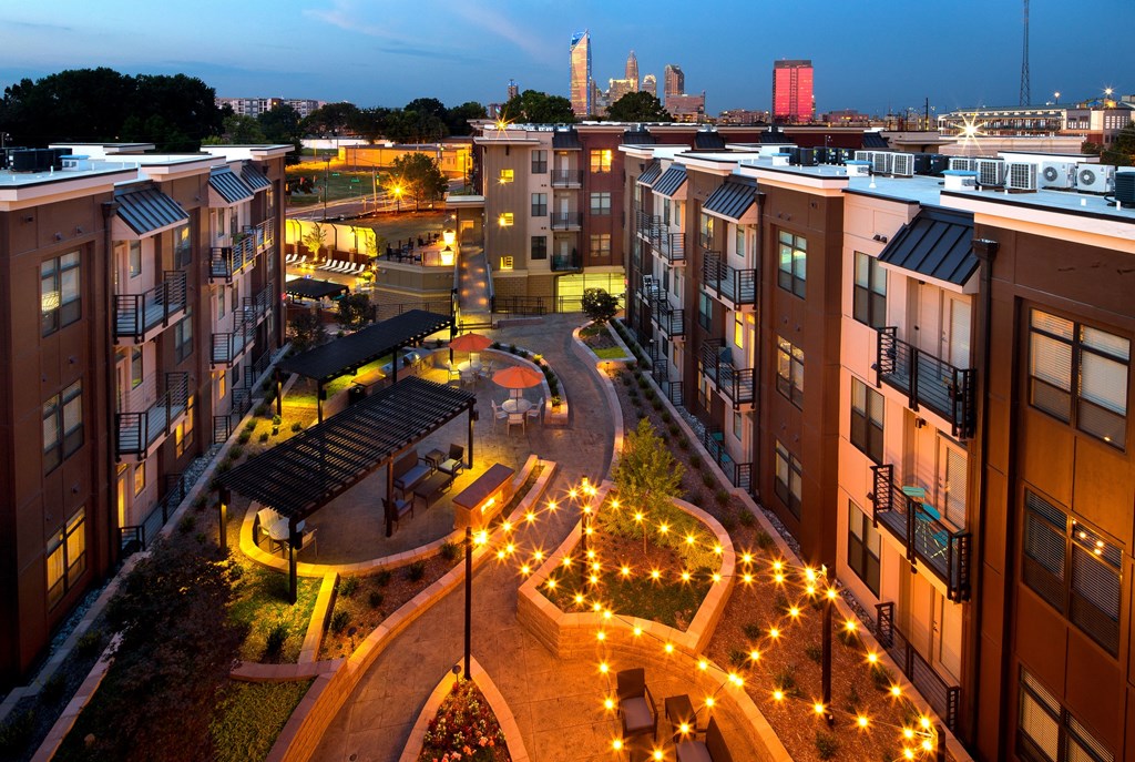 Arial view of the courtyard with string of lights at nightat Park and Kingston, Charlotte, NC