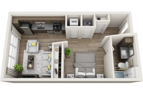 Studio 580sf 3D floor plan at The Edison Lofts Apartments, Raleigh