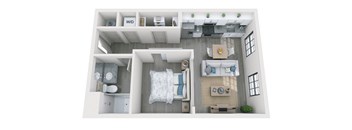 Studio 583 sf 3D floor plan,at 1010 Dilworth Apartments, Charlotte, NC