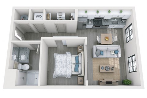 Studio 583 sf 3D floor plan at 1010 Dilworth, Charlotte, North Carolina