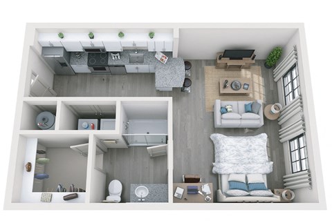 Studio 583 sf 3D floor plan at 1010 Dilworth, Charlotte NC