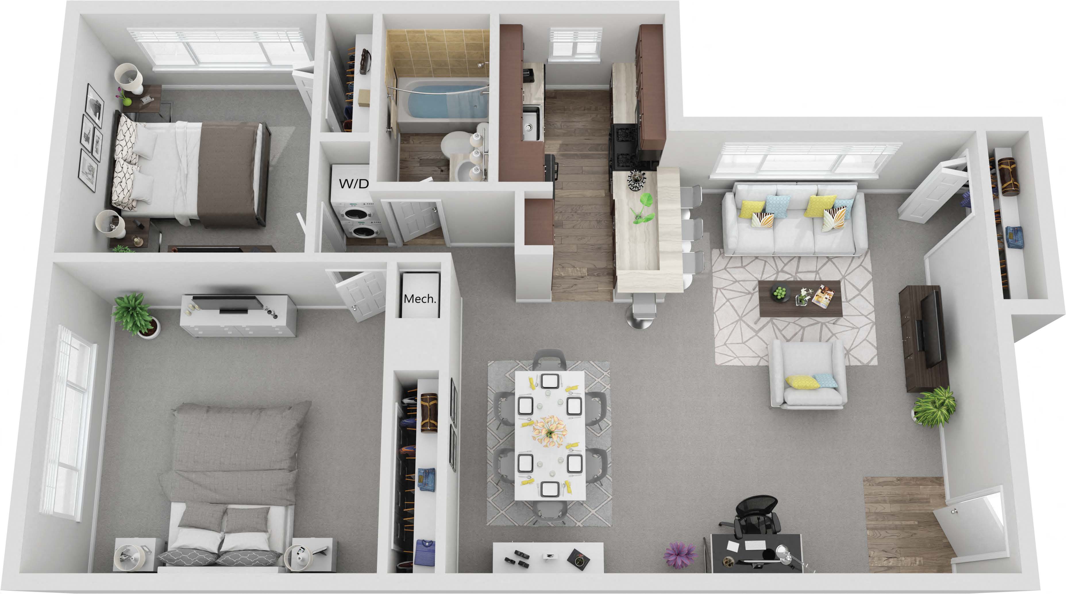 2 Bedroom 1 Bath Renovated floor plan