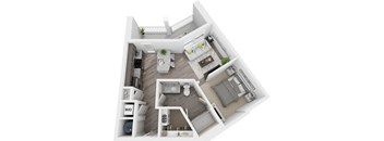 3D 613sf studio floor plan at The Flats at Ballantyne
